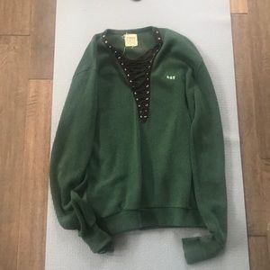 Lf forest green lace up sweater
